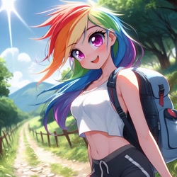 Size: 1024x1024 | Tagged: prompter needed, source needed, safe, imported from derpibooru, rainbow dash, human, ai content, ai generated, anime, backpack, breasts, clothes, cute, dashabetes, dirt road, dutch angle, female, fence, generator:copilot, generator:dall-e 3, humanized, looking at you, midriff, nature, outdoors, shorts, smiling, smiling at you, solo, standing, tree