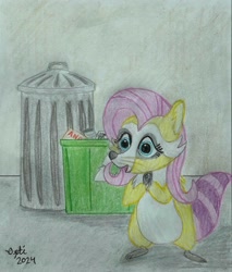 Size: 2568x3011 | Tagged: safe, artist:opti, imported from derpibooru, fluttershy, raccoon, atg 2024, female, newbie artist training grounds, pleading, recycle bin, solo, species swap, traditional art, trash can