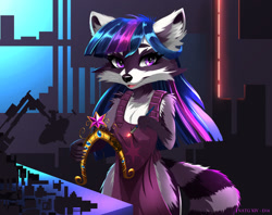 Size: 2021x1600 | Tagged: safe, artist:darksly, imported from derpibooru, twilight sparkle, raccoon, apron, atg 2024, big crown thingy, clothes, element of magic, female, jewelry, newbie artist training grounds, regalia, solo, species swap