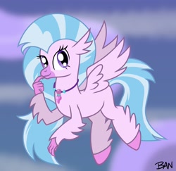 Size: 1665x1621 | Tagged: safe, artist:banquo0, imported from derpibooru, silverstream, classical hippogriff, hippogriff, female, flying, jewelry, necklace, smiling, solo, spread wings, wings