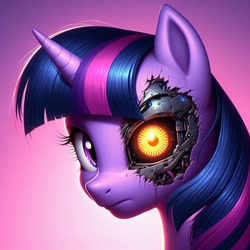 Size: 1024x1024 | Tagged: safe, imported from derpibooru, twilight sparkle, cyborg, cyborg pony, pony, robot, robot pony, ai content, ai generated, female, generator:dall-e 3, looking at you, mare, prompter:doomguy397, purple background, simple background
