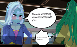 Size: 1172x720 | Tagged: safe, artist:i_fug_p0nes, imported from derpibooru, trixie, wallflower blush, equestria girls, 3d, blushing, dialogue, koikatsu, offscreen character, speech bubble