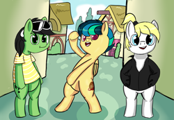 Size: 2887x2000 | Tagged: safe, artist:mano_m, imported from derpibooru, oc, oc:apogee, oc:filly anon, oc:luftkrieg, earth pony, pegasus, pony, bipedal, clothes, doomverse, female, filly, foal, glasses, jacket, looking at you, ponyville, pose, shirt, sunglasses, t-shirt