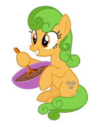 Size: 1246x1507 | Tagged: safe, artist:moonlightthegriffon, artist:princesslilybrush, imported from derpibooru, perfect pie, earth pony, pony, apple family member, base used, batter, bowl, chocolate, cooking, food, simple background, smiling, spoon, transparent background