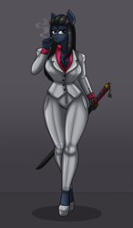 Size: 1400x2400 | Tagged: safe, artist:creatorworld, oc, oc only, anthro, breasts, cigarette, clothes, female, gloves, high heels, katana, latex, latex suit, long gloves, shoes, sword, weapon