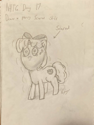 Size: 3024x4032 | Tagged: safe, artist:goldenmidnight, imported from derpibooru, oc, oc only, oc:snowflake, crying, female, filly, foal, monochrome, newbie artist training grounds, scared, shaking, signature, traditional art