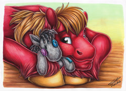 Size: 3494x2512 | Tagged: safe, artist:lupiarts, imported from derpibooru, big macintosh, smarty pants, earth pony, pony, colored, colored pencil drawing, copic, doll, duo, high res, male, markers, plushie, smiling, stallion, toy, traditional art, unshorn fetlocks