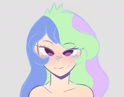 Size: 1666x1309 | Tagged: safe, artist:eltrash_art6, imported from derpibooru, princess celestia, human, equestria girls, bedroom eyes, blushing, female, gray background, humanized, principal celestia, simple background, solo