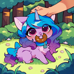 Size: 1024x1024 | Tagged: safe, imported from derpibooru, izzy moonbow, cat, unicorn, adorable face, ai content, ai generated, bow, bush, catified, collar, cute, daaaaaaaaaaaw, disembodied hand, donut, eye clipping through hair, food, forest, g5, generator:stable diffusion, hand, head pat, horn, mouth hold, nature, nom, pat, patting, pet tag, prompter:faerindahol, sitting, smol, species swap, tail, tail bow, tree