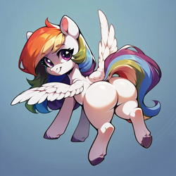 Size: 1200x1200 | Tagged: safe, imported from derpibooru, oc, oc only, pegasus, ai content, ai generated, butt, cute, detailed background, dock, featureless crotch, female, filly, foal, g5, generator:pony diffusion v6 xl, generator:stable diffusion, implied inbreeding, implied incest, inbreeding, incest, looking, looking at you, looking back, magical lesbian spawn, multicolored hair, not rainbow dash, offspring, parent:pipp petals, parent:zipp storm, parents:petalstorm, plot, product of incest, prompter:shazamjr, purple eyes, rainbow hair, raised tail, rear view, solo, spread wings, tail, unshorn fetlocks, wings