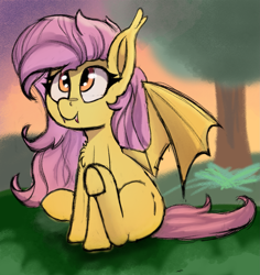 Size: 1885x2000 | Tagged: safe, artist:psychotix, imported from derpibooru, fluttershy, bat pony, pony, undead, vampire, vampire bat pony, vampony, bat ears, bat ponified, blood, blood stains, clip studio paint, cute, fangs, flutterbat, ponified, race swap, shyabetes, sitting, smiling, sunset, tree, underhoof