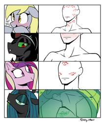 Size: 2622x3065 | Tagged: safe, artist:icey, imported from derpibooru, derpy hooves, king sombra, princess cadance, queen chrysalis, oc, oc:anon, alicorn, changeling, changeling queen, pegasus, pony, unicorn, bite mark, blushing, cocoon, eyebrows, eyebrows visible through hair, female, high res, horn, kiss mark, kiss on the lips, kissing, kissing chart, lipstick, mare, meme, queen umbra, rule 63