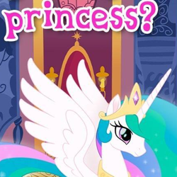 Size: 431x431 | Tagged: safe, imported from derpibooru, princess celestia, alicorn, pony, cropped, crown, english, ethereal mane, female, gameloft, horn, jewelry, mare, meme, my little pony: magic princess, question, question mark, regalia, solo, spread wings, text, wings, wow! glimmer