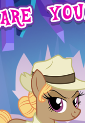 Size: 295x423 | Tagged: safe, imported from derpibooru, buried treasure, earth pony, pony, unicorn, clothes, cropped, english, female, gameloft, hat, horn, looking at you, mare, meme, my little pony: magic princess, solo, text, wow! glimmer