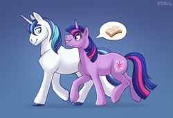 Size: 2327x1583 | Tagged: safe, artist:jenery, imported from derpibooru, shining armor, twilight sparkle, pony, unicorn, book, brother and sister, duo, duo male and female, female, gradient background, male, mare, pictogram, siblings, speech bubble, stallion, talking, unicorn twilight