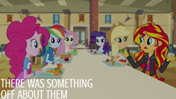 Size: 2000x1125 | Tagged: safe, edit, edited screencap, editor:quoterific, imported from derpibooru, screencap, applejack, fluttershy, pinkie pie, rainbow dash, rarity, sunset shimmer, equestria girls, humane five, my little pony equestria girls: rainbow rocks