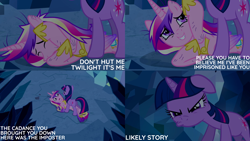 Size: 2000x1125 | Tagged: safe, edit, edited screencap, editor:quoterific, imported from derpibooru, screencap, princess cadance, twilight sparkle, alicorn, pony, unicorn, a canterlot wedding, season 2, duo, duo female, female, mare, misspelling, unicorn twilight