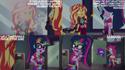 Size: 2000x1125 | Tagged: safe, edit, edited screencap, editor:quoterific, imported from derpibooru, screencap, pinkie pie, sci-twi, sunset shimmer, twilight sparkle, equestria girls, bathroom, bathroom stall, equestria girls specials, female, mirror, my little pony equestria girls: sunset's backstage pass, toilet, trio, trio female