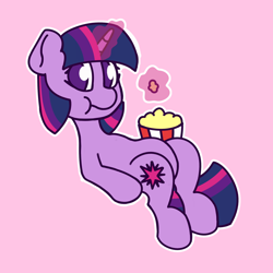 Size: 2048x2048 | Tagged: safe, artist:charleyhorsey, imported from derpibooru, twilight sparkle, pony, unicorn, belly, eating, female, food, horn, levitation, lying down, magic, magic aura, mare, on back, popcorn, simple background, solo, telekinesis, unicorn twilight