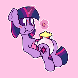 Size: 2048x2048 | Tagged: safe, artist:charleyhorsey, imported from derpibooru, twilight sparkle, pony, unicorn, diaper, diaper fetish, eating, female, fetish, food, horn, levitation, lying down, magic, magic aura, mare, on back, popcorn, simple background, solo, telekinesis, unicorn twilight