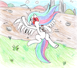 Size: 1400x1239 | Tagged: safe, artist:fleximusprime, imported from derpibooru, princess celestia, alicorn, bird, chicken, atg 2024, fainted, grass, newbie artist training grounds, wings