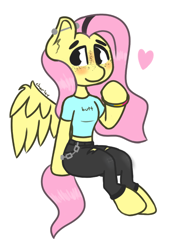 Size: 554x811 | Tagged: safe, artist:charleyhorsey, imported from derpibooru, fluttershy, pegasus, pony, semi-anthro, blushing, bracelet, clothes, denim, ear piercing, female, freckles, jeans, jewelry, manebooru original, mare, pansexual pride flag, pants, piercing, pride, pride flag, punk, shirt, simple background, solo, t-shirt, wings