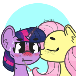 Size: 1280x1280 | Tagged: safe, artist:charleyhorsey, imported from derpibooru, fluttershy, twilight sparkle, alicorn, pegasus, pony, abstract background, art challenge, blushing, female, freckles, kissing, lesbian, manebooru original, manechat challenge, mare, shipping, sick, thermometer, twilight sparkle (alicorn), twishy