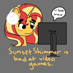 Size: 809x809 | Tagged: safe, artist:charleyhorsey, imported from derpibooru, sunset shimmer, pony, unicorn, equestria girls, art challenge, computer, female, gamer sunset, headphones, horn, manechat challenge, mare, sad, simple background, solo