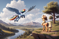 Size: 2304x1536 | Tagged: safe, imported from derpibooru, applejack, rainbow dash, earth pony, pegasus, pony, ai content, ai generated, applejack's hat, blurry background, cliff, cloud, cowboy hat, detailed background, duo, female, flying, forest background, generator:pony diffusion v6 xl, generator:stable diffusion, hat, looking away, mountain, mountain range, prompter:foxpony, river, scenery, scenery porn, spread wings, tree, water, wings