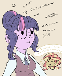 Size: 2664x3277 | Tagged: safe, artist:tkshoelace, imported from derpibooru, sci-twi, sunset shimmer, twilight sparkle, human, equestria girls, clothes, duo, duo female, female, glasses, math, simple background, speech bubble, thinking