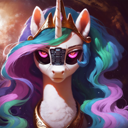 Size: 1216x1216 | Tagged: safe, imported from derpibooru, princess celestia, alicorn, cyborg, pony, robot, robot pony, abstract background, ai content, ai generated, bust, generator:pony diffusion v6 xl, generator:stable diffusion, portrait, prompter:star-dragon, serious, solo