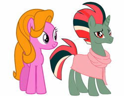 Size: 4096x3226 | Tagged: safe, artist:meghan12345, imported from derpibooru, fizzy, starlight (g1), earth pony, pony, unicorn, my little pony tales, adult, blouse, clothes, duo, duo female, female, g1, g1 to g4, generation leap, golden hair, horn, looking at you, looking on pony, purple eyes, recolor, red eyes, simple background, smiling, smiling at you, standing, white background