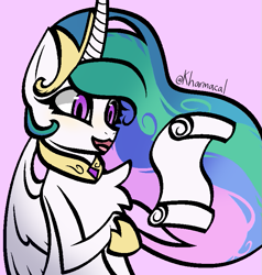 Size: 727x763 | Tagged: safe, imported from derpibooru, princess celestia, alicorn, scroll, smiling, solo