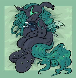 Size: 3645x3747 | Tagged: safe, artist:larvaecandy, imported from derpibooru, queen chrysalis, changeling, changeling queen, :3, ><, bee swarm simulator, big eyes, big hooves, black body, changeling horn, changeling wings, colored, colored eyelashes, crossover, crying, cuddling, cute, cute little fangs, cutealis, duo, ear fluff, eyes closed, fangs, female, floppy ears, green amne, green eyelashes, green tail, high res, holding, hoof hold, horn, long ears, lying down, on side, passepartout, profile, roblox, shiny mane, shiny tail, small wings, smiling, solo focus, sparkly mane, spread wings, tail, teardrop, vicious bee, wavy mane, wavy tail, wings