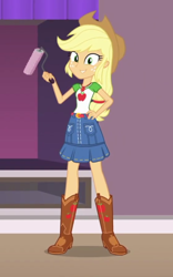 Size: 372x598 | Tagged: safe, edit, edited screencap, imported from derpibooru, screencap, applejack, human, diy with applejack, equestria girls, spoiler:eqg series (season 2), applejack's hat, applejack's shirt with a collar, belt, blonde hair, boots, clothes, collar shirt, cowboy boots, cowboy hat, cropped, denim skirt, female, freckles, green eyes, hand on hip, hat, low ponytail, my little pony equestria girls: better together, orange skin, paint roller, shirt, shirt with a collar, shoes, skirt, solo, stetson, t-shirt, teenager