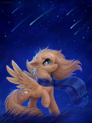 Size: 2000x2667 | Tagged: safe, artist:scheadar, artist:scheadar_sfw, imported from derpibooru, oc, oc only, oc:mirta whoowlms, pegasus, pony, clothes, female, grass, high res, looking up, mare, night, night sky, outdoors, pegasus oc, raised hoof, scarf, shooting star, sky, smiling, solo, spread wings, stars, tail, wings