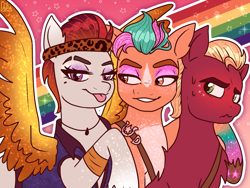 Size: 2048x1536 | Tagged: safe, artist:the-fucking-cannibal, imported from derpibooru, hitch trailblazer, sprout cloverleaf, earth pony, pegasus, pony, g5, makeup, rainbow, rocky riff, trio