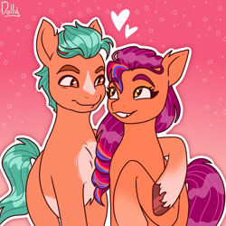 Size: 2048x2048 | Tagged: safe, artist:the-fucking-cannibal, imported from derpibooru, hitch trailblazer, sunny starscout, earth pony, pony, duo, g5, gradient background, hoof around neck, looking at each other, looking at someone, not shipping