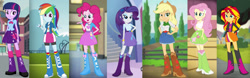 Size: 1280x401 | Tagged: safe, artist:qbert2kcat, imported from derpibooru, applejack, fluttershy, pinkie pie, rainbow dash, rarity, sunset shimmer, twilight sparkle, equestria girls, belt, boots, clothes, cowboy boots, cowboy hat, hat, high heel boots, jacket, shirt, shoes, simple background, skirt, socks, solo, transparent background, vest