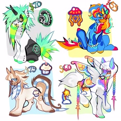 Size: 3000x3000 | Tagged: safe, artist:colorwurm, imported from derpibooru, part of a set, oc, oc only, unnamed oc, alicorn, butterfly, butterfly pony, earth pony, hybrid, pony, unicorn, :3, adoptable, alicorn oc, ambiguous gender, back piercing, bandana, blaze (coat marking), blue coat, blue eyelashes, blue eyes, bobcut, bow, bracelet, bridge piercing, brown coat, brown hooves, brown mane, brown tail, coat markings, colored, colored belly, colored ears, colored eartips, colored eyelashes, colored hooves, colored horn, colored mouth, colored pupils, colored wings, colorful, curved horn, dermal piercing, dyed mane, dyed tail, ear piercing, ear stripes, earring, earth pony oc, eyebrows, eyebrows visible through hair, facial markings, for sale, green hooves, group, hair bow, hair extensions, heart, heart mark, high res, hooves, horn, jewelry, leg piercing, leg stripes, lidded eyes, lip piercing, long horn, mane extensions, mismatched hooves, multicolored coat, multicolored ears, multicolored eyelashes, multicolored eyes, multicolored hair, multicolored hooves, multicolored mane, multicolored tail, multicolored wings, neckerchief, necklace, no catchlights, nose piercing, open mouth, open smile, pale belly, passepartout, pearl bracelet, pearl necklace, piercing, profile, quartet, raccoon tail, rainbow hair, rainbow tail, raised hoof, raised leg, rectangular pupil, scene, scene hair, septum piercing, short hair, simple background, sitting, smiling, snake bites, spiky mane, spiky tail, splotches, spread wings, striped horn, stripes, tail, tail extensions, tall ears, thick eyelashes, two toned coat, two toned eyes, unicorn horn, unicorn oc, wall of tags, white background, white mane, white pupils, white tail, wide stance, wings, yellow eyelashes, yellow eyes, yellow mouth, yellow pupils, yellow tongue