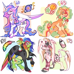 Size: 3000x3000 | Tagged: safe, artist:colorwurm, imported from derpibooru, part of a set, oc, oc only, unnamed oc, alicorn, hybrid, pegasus, pony, unicorn, zony, adoptable, alicorn oc, ambiguous gender, angel bites, bald face, black bow, blaze (coat marking), blue eyes, bow, bracelet, bridge piercing, clothes, coat markings, colored, colored belly, colored eyebrows, colored fetlocks, colored hooves, colored horn, colored muzzle, colored pinnae, colored pupils, colored wings, colored wingtips, corset piercing, curly mane, curly tail, curly til, curved horn, dermal piercing, dyed mane, dyed tail, ear piercing, earring, eyebrow piercing, facial markings, floppy ears, for sale, giraffe pony, gray eyes, gray hooves, green eyes, green tongue, group, hair bow, high res, hooves, horn, impossibly long mane, impossibly long tail, jewelry, kandi, kandi bracelet, large wings, leg piercing, leg stripes, leonine tail, lidded eyes, lip piercing, long ears, long horn, long mane, long tail, looking back, mismatched hooves, multicolored eyelashes, multicolored hair, multicolored hooves, multicolored horn, multicolored mane, multicolored tail, multicolored wings, neckerchief, no catchlights, no pupils, open mouth, open smile, orange coat, orange pupils, ossicones, pale belly, partially open wings, passepartout, pegasus oc, piercing, pink coat, pink eyelashes, ponytail, profile, purple hooves, quartet, raccoon tail, rainbow hair, rainbow tail, rainbow wings, raised hoof, raised leg, red eyes, scarf, scene, scene hair, shiny hooves, simple background, sitting, smiling, snake bites, socks (coat markings), spots, spotted, standing, stripes, tail, three toned mane, three toned tail, tied mane, tongue out, tri-color mane, tri-color tail, tri-colored mane, tri-colored tail, tricolor mane, tricolor tail, tricolored mane, tricolored tail, two toned coat, unicorn horn, unicorn oc, wall of tags, white background, white coat, wing markings, wings, yellow pupils