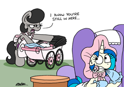 Size: 2197x1539 | Tagged: safe, artist:bobthedalek, imported from derpibooru, dj pon-3, vinyl scratch, oc, oc:mixed melody, oc:octavia's mother, earth pony, pony, unicorn, apron, atg 2024, baby carriage, bonnet, booties, chair, clothes, diaper, hiding, horn, newbie artist training grounds, pacifier, sweat, sweatdrop, table, this will end in intensive mothering