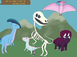 Size: 3840x2860 | Tagged: safe, artist:khazard, imported from derpibooru, kerfuffle, pipp petals, skellinore, tempest shadow, dinosaur, parasaurolophus, pterosaur, triceratops, tyrannosaurus rex, velociraptor, series:grogar's game, the break up breakdown, atg 2024, bone, dinosaurified, g5, misty brightdawn, newbie artist training grounds, skeleton, species swap