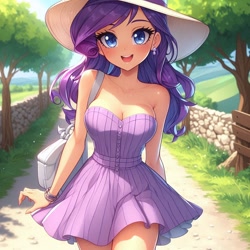 Size: 1024x1024 | Tagged: prompter needed, source needed, safe, imported from derpibooru, rarity, human, ai content, ai generated, anime, bag, bare shoulders, blushing, breasts, busty rarity, cleavage, clothes, cute, dirt road, dress, generator:copilot, generator:dall-e 3, handbag, hat, humanized, looking at you, nature, outdoors, raribetes, smiling, smiling at you, solo, strapless, strapless dress, summer hat, tree, walking, walking towards you