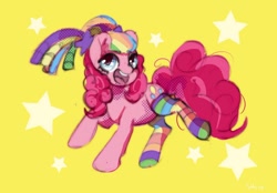 Size: 1280x889 | Tagged: safe, artist:shpoof, imported from derpibooru, pinkie pie, earth pony, pony, clothes, female, mare, open mouth, open smile, pink coat, rainbow socks, simple background, smiling, socks, solo, stars, striped socks, yellow background