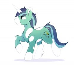 Size: 1280x1208 | Tagged: safe, artist:shpoof, imported from derpibooru, oc, oc only, pony, unicorn, blue mane, blue tail, cutie mark, green coat, horn, mottled coat, shadow, simple background, solo, stallion oc, tail, unicorn oc, white background
