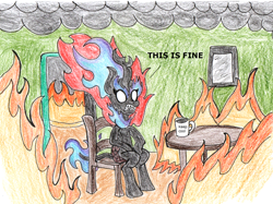 Size: 1450x1082 | Tagged: safe, artist:fleximusprime, imported from derpibooru, kirin, nirik, atg 2024, fire, meme, mug, newbie artist training grounds, this is fine, traditional art