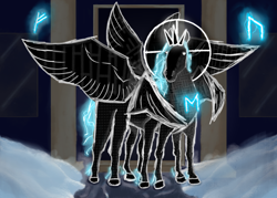 Size: 1120x800 | Tagged: safe, artist:lucerna, imported from derpibooru, alicorn, fanfic:death valley, eight legs, fanfic art, glowing, glowing eyes, horn, multiple horns, multiple wings, runes, snow, tricorn, wings