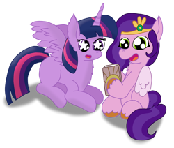 Size: 1280x1083 | Tagged: safe, artist:zeccy, imported from derpibooru, pipp petals, twilight sparkle, alicorn, pegasus, pony, cellphone, duo, duo female, female, g5, mare, open mouth, phone, pipp's phone, simple background, smartphone, starry eyes, transparent background, twilight sparkle (alicorn), wingding eyes