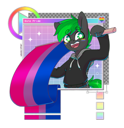 Size: 2328x2403 | Tagged: safe, artist:wavecipher, imported from derpibooru, part of a set, oc, oc only, oc:bytewave, pegasus, pony, bisexual pride flag, clothes, commission, eyebrows, eyebrows visible through hair, gay pride flag, green eyes, green hair, grid, hoodie, looking at you, male, open mouth, pride, pride flag, simple background, smiling, smiling at you, solo, sparkles, stallion, transparent background, unshorn fetlocks, ych result